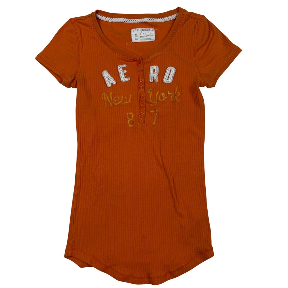 VTG Y2K Aeropostale Orange Ribbed Fitted Henley Short Sleeve Puff Print Size M